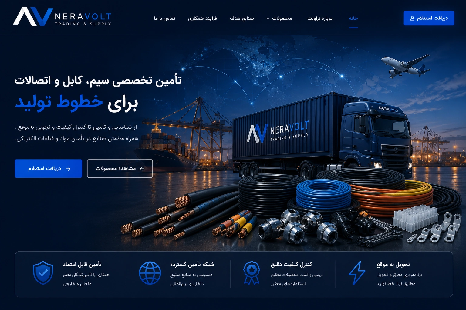 هدر سایت نراولت شامل لوگو، منو، معرفی تأمین تخصصی سیم، کابل و اتصالات، تصویر تجارت بین‌المللی، کامیون نراولت، محصولات اصلی سیم و کابل و مزیت‌های کلیدی
